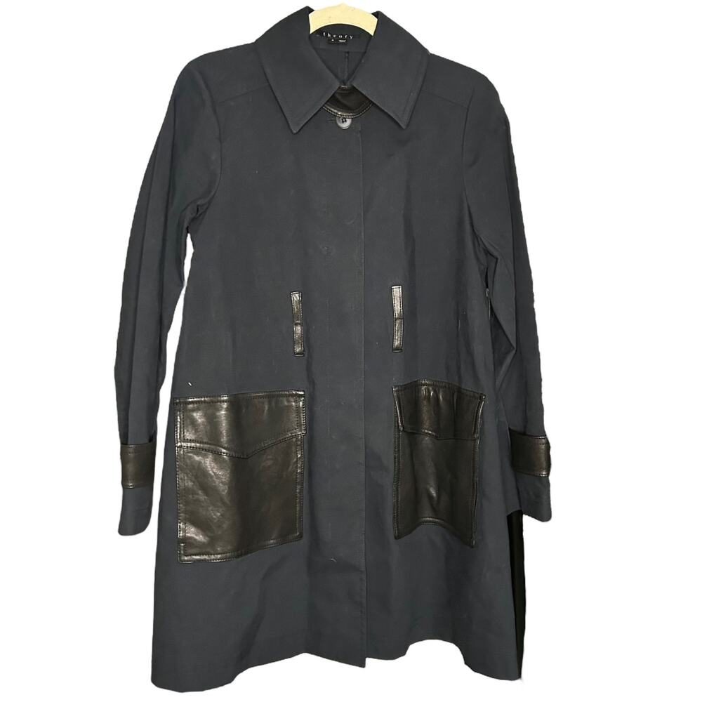 Theory Cedrica Coliseum Navy Blue Trench Coat with Black Leather Trim Size S